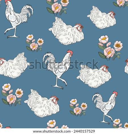 Rooster and chicken realistic seamless illustration and delicate bouquet of flowers. Poultry farm pattern Print for wrapping paper. textiles, preparation for designers