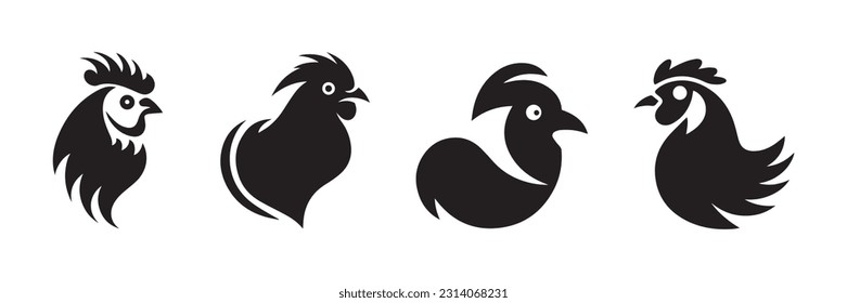 rooster or chicken silhouette logo vector set,Cock head symbol.Farm animal drawn icon vector illustration.