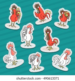 Rooster, chicken sticker patch, the symbol of the new year. Funny animals in doodle style. Hens red. Set characters cock