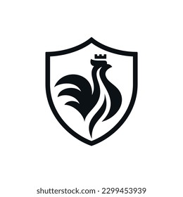 Rooster Chicken Wearing Crown Inside The Shield Logo Design, Abstract, Silhouette