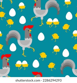 Rooster and chickens pattern seamless. Farm birds background. Concept dad and kids texture