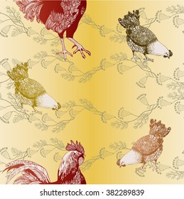 Rooster and chickens. Seamless vector background.