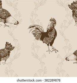 Rooster and chickens. Seamless vector background.