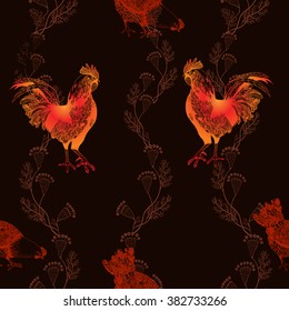 Rooster and chickens. Seamless vector background.