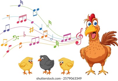 Rooster and chicks enjoying colorful musical notes