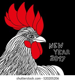 Rooster, - Chinese calendar symbol of 2017 year. Vector element for New Year's design. A contrasting illustration of a rooster on a black background.