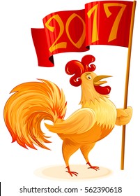 Rooster for Chinese New Year 2017; Cockerel holding red flag; Symbol of zodiac horoscope; Vector cartoon character drawing EPS8