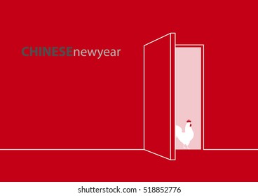 Rooster Chinese New Year Door Open To 2017, Chicken Art Design Graphic Modern Red Theme  Outline Vector, Happy Celebrate For Asia