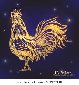  Rooster. Chinese New Year Symbol 2017 New Year. Gold on black background
 Vector illustration.