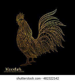 Rooster. Chinese New Year Symbol 2017 New Year. Gold on black background
 Vector illustration.