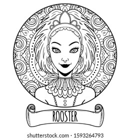 Rooster Chinese zodiac sign artwork as beautiful girl, adult coloring book page, vector illustration