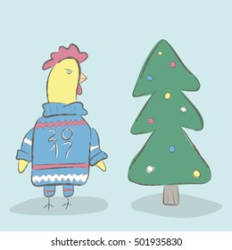 Rooster and Christmas tree. Rooster doodle. Rooster graphic. Rooster decoration. Rooster vector. Rooster symbol. Rooster art. Rooster design. 