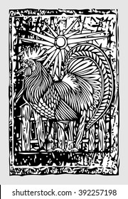 Rooster in classic woodcut black and white style