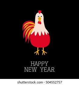 Rooster Cock bird. 2017 Happy New Year symbol Chinese calendar. Cute cartoon funny character with big feather tail. Baby farm animal. Flat design. Black background. Vector illustration