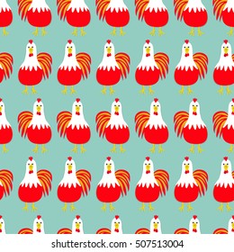 Rooster Cock bird. Seamless Pattern. 2017 Happy New Year symbol Chinese calendar. Cute cartoon funny character with big feather tail. Baby farm animal. Blue background. Flat design Vector illustration