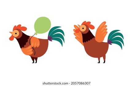 Rooster or Cock Character Flapping Wings and Holding Balloon Vector Set