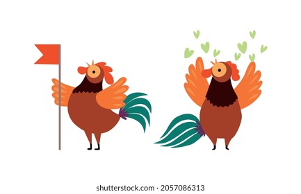 Rooster or Cock Character Holding Flag on Pole and Sending Heart Vector Set