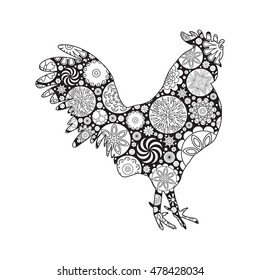 Rooster or cock, chicken, farm  bird for adult coloring page. Adults anti stress coloring book  design. Vector bird made of circle flowers. Chinese traditional 2017 new year decorative zodiac. 