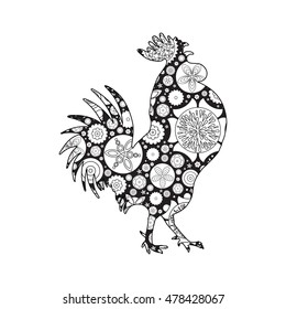 Rooster or cock, chicken, farm  bird for adult coloring page. Adults anti stress coloring book  design. Vector bird made of circle flowers. Chinese traditional 2017 new year decorative zodiac. 