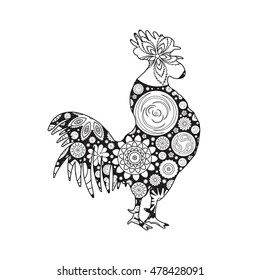 Rooster or cock, chicken, farm  bird for adult coloring page. Adults anti stress coloring book  design. Vector bird made of circle flowers. Chinese traditional 2017 new year decorative zodiac. 