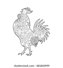 Rooster or cock, chicken, farm  bird for adult coloring page. Adults anti stress coloring book  design. Vector bird made of circle flowers. Chinese traditional 2017 new year decorative zodiac. 