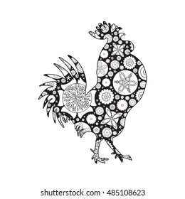 Rooster or cock, chicken, farm  bird for adult coloring page. Adults anti stress coloring book  design. Vector bird made of circle flowers. Chinese traditional 2017 new year decorative zodiac. 