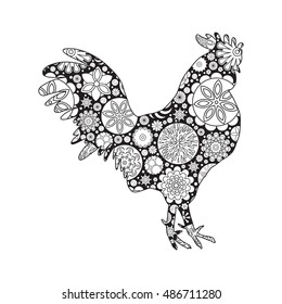 Rooster or cock, chicken, farm  bird for adult coloring page. Adults anti stress coloring book  design. Vector bird made of circle flowers. Chinese traditional 2017 new year decorative zodiac. 