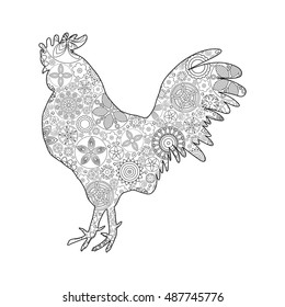 Rooster or cock, chicken, farm  bird for adult coloring page. Adults anti stress coloring book  design. Vector bird made of circle flowers. Chinese traditional 2017 new year decorative zodiac. 