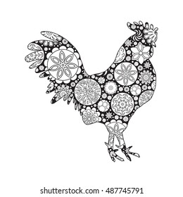 Rooster or cock, chicken, farm  bird for adult coloring page. Adults anti stress coloring book  design. Vector bird made of circle flowers. Chinese traditional 2017 new year decorative zodiac. 