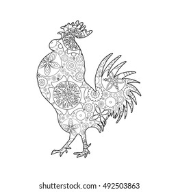 Rooster or cock, chicken, farm  bird for adult coloring page. Adults anti stress coloring book  design. Vector bird made of circle flowers. Chinese traditional 2017 new year decorative zodiac. 