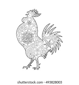 Rooster or cock, chicken, farm  bird for adult coloring page. Adults anti stress coloring book  design. Vector bird made of circle flowers. Chinese traditional 2017 new year decorative zodiac. 