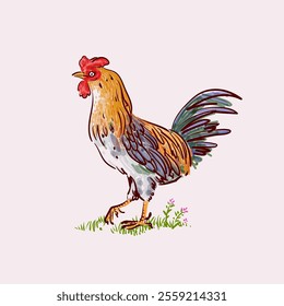 Rooster, cock, chicken hand drawing character vector illustration. Fighting rooster line art isolated on white background.