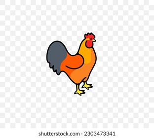 Rooster, cock, chicken, hen, poultry yard and chicken coop, colored graphic design. Bird, fowl, animal, fowl-run, henhouse and hennery, vector design and illustration