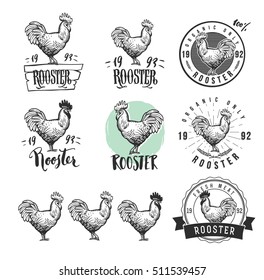 Rooster. Cock. Chicken product logotypes set. Hen meat and eggs vintage produce elements. Badges and design elements for the chicken manufacturing. Vector illustration