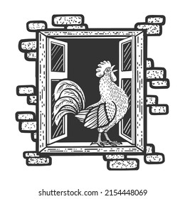 rooster cock crows sings in window of house sketch engraving vector illustration. T-shirt apparel print design. Scratch board imitation. Black and white hand drawn image.