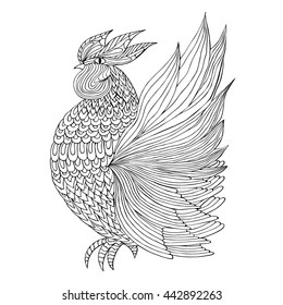 Rooster (cock). Hand drawn sketch. Page for coloring book. Doodle, zentangle design. Symbol of 2017. Vector illustration.