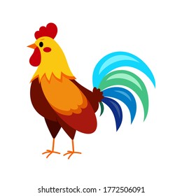 Rooster cock icon isolated on white background. Cute colored farm bird flat design cartoon style vector illustration. Funny poultry chiken.