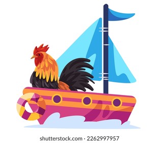 Rooster cock male cartoon animal journey in ship sail boat colorful character sea adventure marine travel