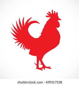 Rooster, cock, red Chinese zodiac vector illustration. Logo, emblem, symbol design. Red hand drawing silhouette isolated on white. Happy new year Chinese Year of the Rooster zodiac emblem 2017.