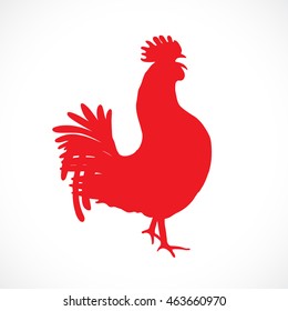 Rooster, cock, red Chinese zodiac vector illustration. Logo, emblem, symbol design. Red hand drawing silhouette isolated on white. Happy new year Chinese Year of the Rooster zodiac emblem 2017.