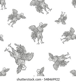 Rooster. Cock seamless pattern in Vintage engraving style. farms and manufacturing depicting roster. Grunge background for the chicken product. Farm painting. Cockerel.