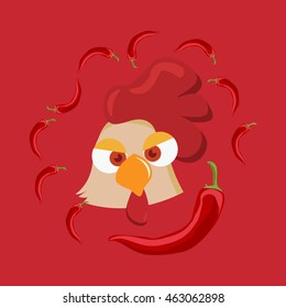 Rooster or Cock vector. Rooster with hot chili peppers in a cartoon style.  Cock Chicken head of face.