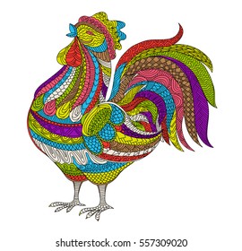 Rooster, Cock vector illustration. Hand drawn farm bird in doodle style for adult antistress coloring pages, books, art therapy. Sketch t-shirt print.