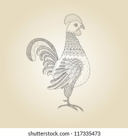 Rooster or Cockerel or Cock. Bird. Vintage design template with many details. Beige background. Elegant monochrome design element. Retro design. Mascot.