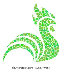 Rooster collage of dots in various sizes and ecological green shades. Vector round dots are organized into rooster composition. Fresh design concept.