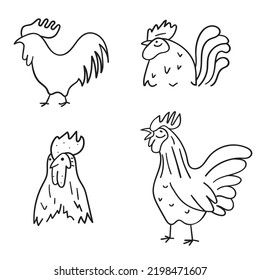 Rooster. Collection of outline icons. Vector hand drawn graphic design on white background.