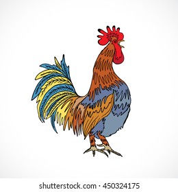 Rooster in color, hand drawing cock on white. Chinese zodiac vector illustration. Happy new year Chinese Year of the Rooster zodiac emblem 2017.