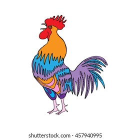 Rooster in color, hand drawing cock on white. Chinese zodiac vector illustration. Happy new year Chinese Year of the Rooster zodiac emblem 2017.