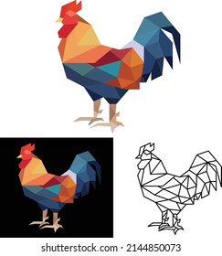 rooster colorful from triangles, low poly object imitation, illustration