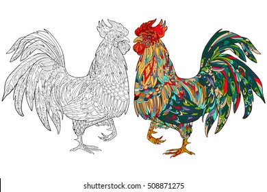Rooster coloring book page. Ethnic cock doodle illustration for adult coloring book with sample. Vector illustration.
